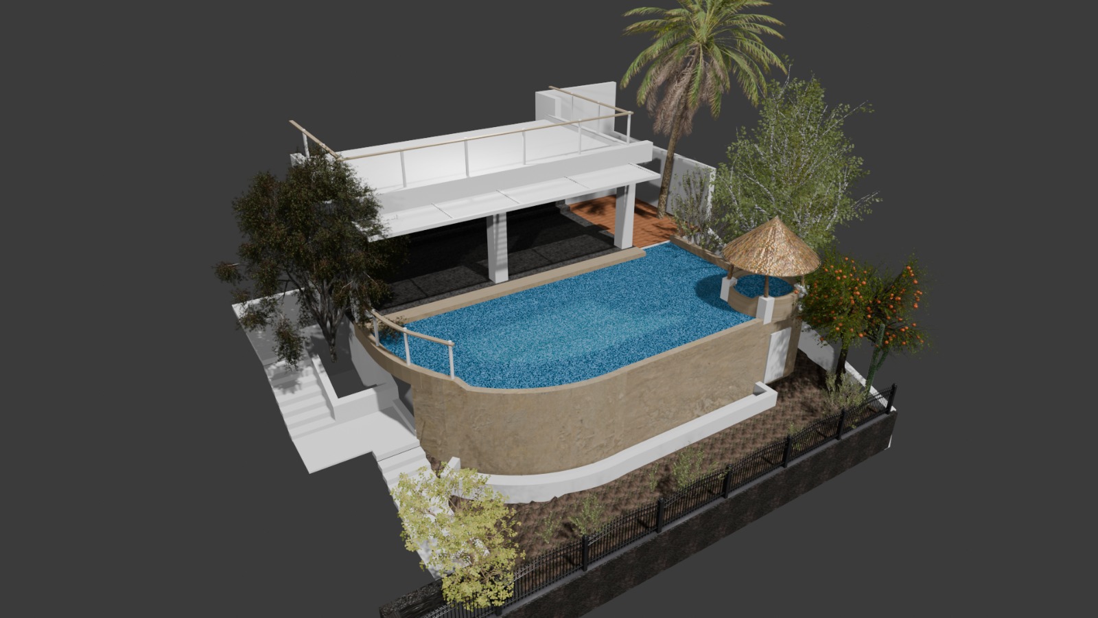 Architectural rendering of a pool area with landscaping