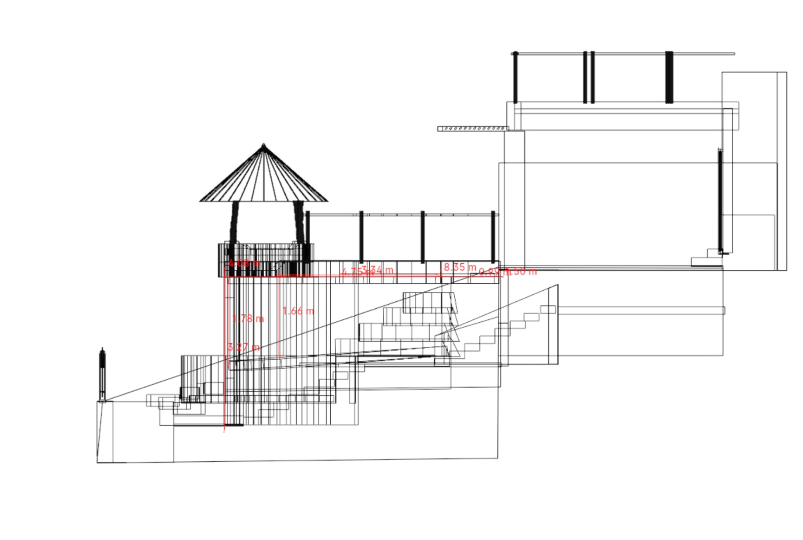Architectural drawing of a pavilion with stairs and dimensions.

[OCR]
1.47 m
1.34 m
8.35 m
1.78 m
1.66 m
3.73 m