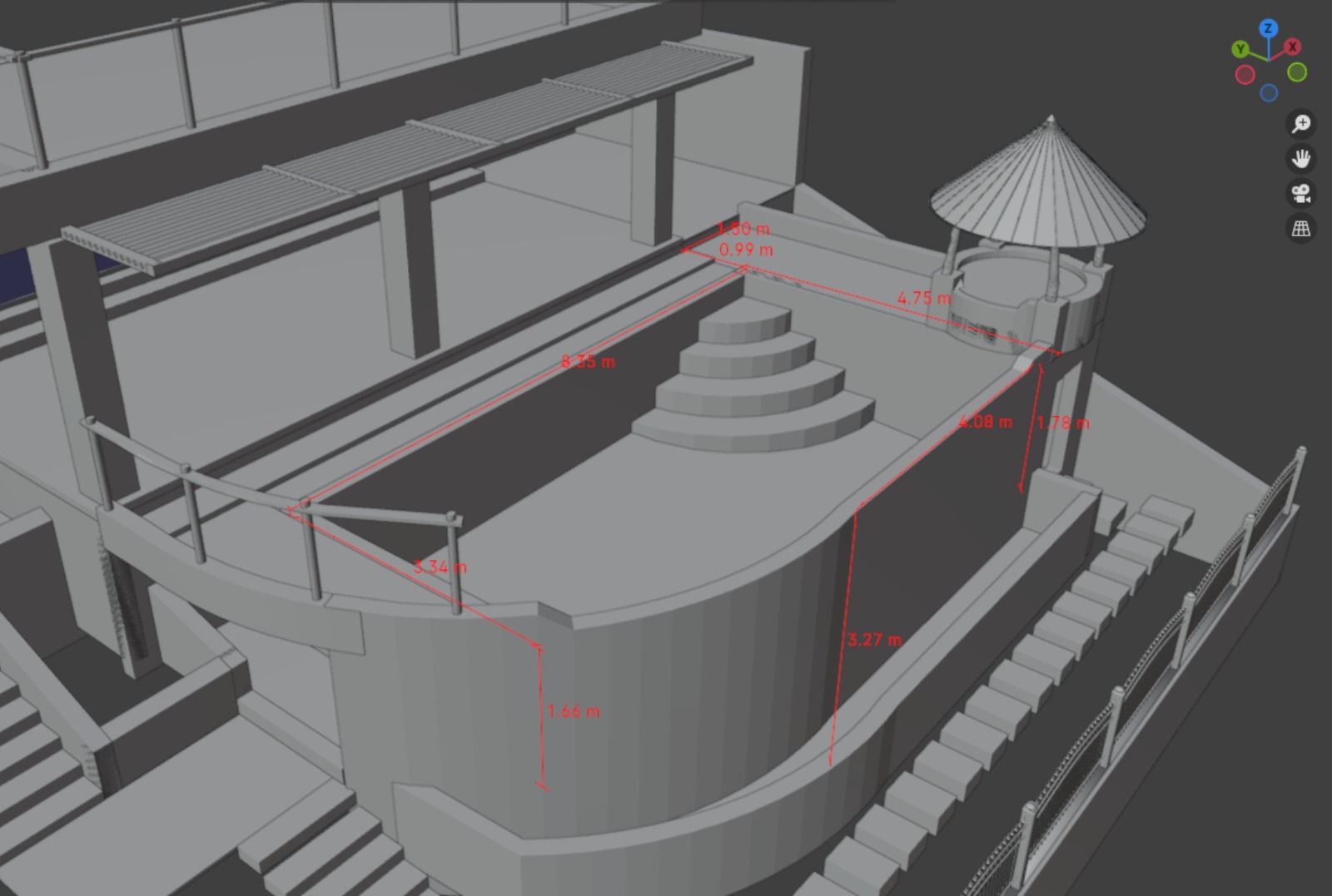3D model of a construction site with dimensions marked.

[OCR]
8.35 m
3.34 m
1.66 m
1.60 m
0.99 m
4.75 m
3.27 m
1.78 m
4.08 m
2.79 m
5.83 m